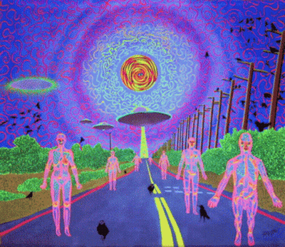 Group Walking Down Street With Birds GIF