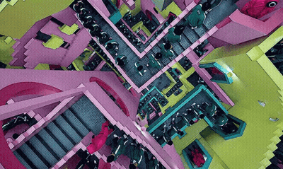 Group Walking Up Stairs In Pink Building GIF