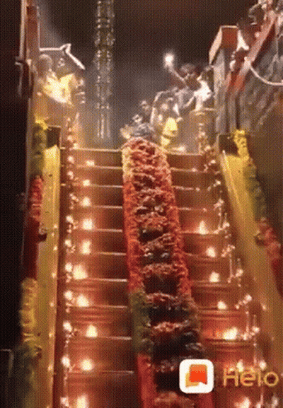Group Walking Up Stairs With Lights And Flowers GIF