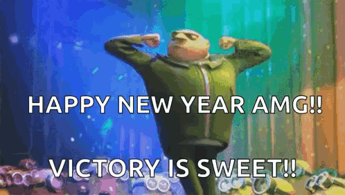 Gru From Despicable Me Is Flexing His Muscles And Saying `` Happy New Year Amg ! '' Victory Is Sweet ! '' GIF