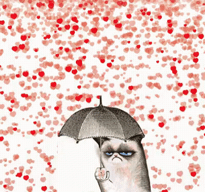 Grumpy Cat Holding Umbrella With Red Hearts GIF