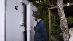 Guys Opening Toilet Trailer Door GIF