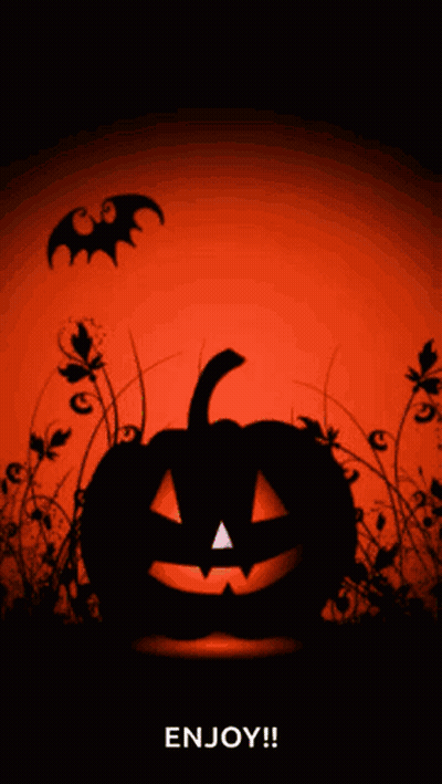 Halloween Background With Pumpkin And Bats Saying Enjoy GIF