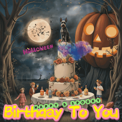 Halloween Birthday Card With Dog On Cake GIF