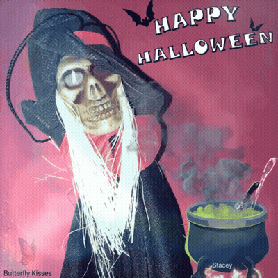 Halloween Card Skeleton Witch With Cauldron Of Green Liquid GIF
