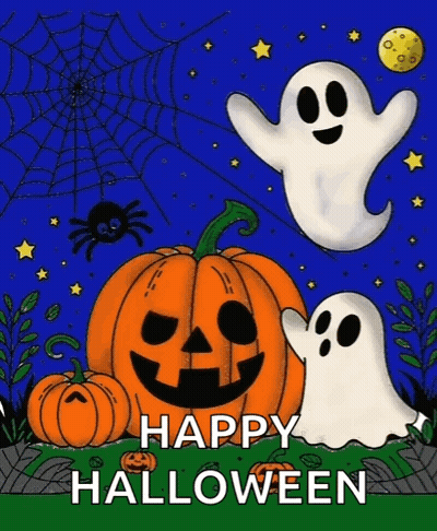Halloween Card With Pumpkins Ghosts And Spiders GIF