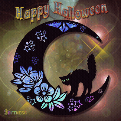 Halloween Greeting Card With Black Cat On Moon GIF