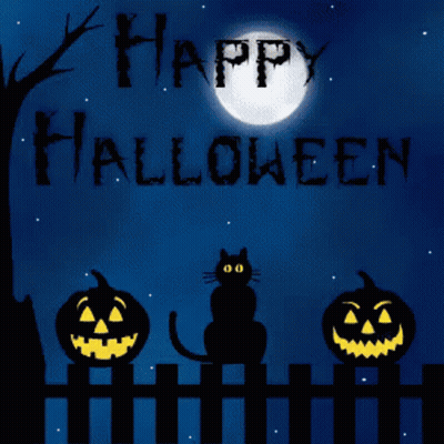 Halloween Greeting Card With Black Cat Pumpkins And Witch GIF