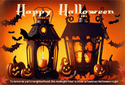 Halloween Greeting Card With Lanterns And Pumpkins GIF