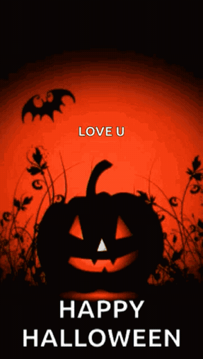 Halloween Greeting Card With Pumpkin And Bats Saying Happy Halloween GIF