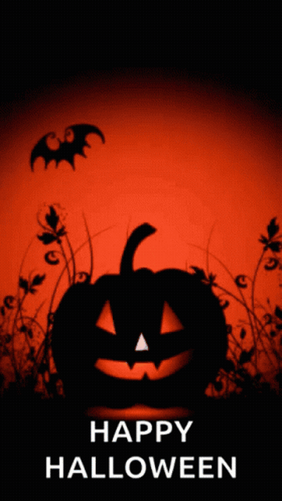 Halloween Greeting Card With Pumpkin And Bats Saying Happy Halloween GIF