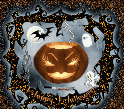 Halloween Greeting Card With Pumpkin Ghosts And Bats GIF