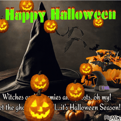 Halloween Greeting Card With Pumpkins And Witch Hat GIF