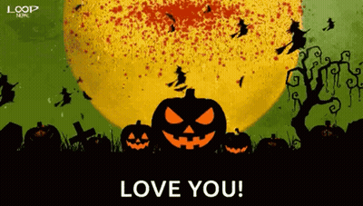Halloween Greeting Card With Pumpkins And Witches Saying Love You GIF