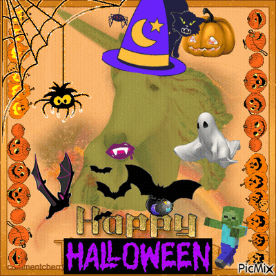 Halloween Greeting Card With Unicorn Bats Pumpkins Ghost GIF