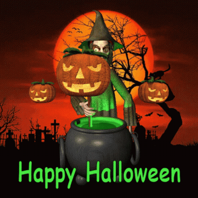 Halloween Greeting Card With Witch And Pumpkins GIF