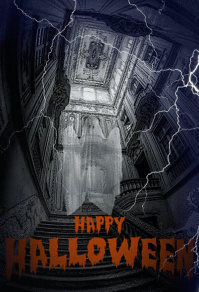 Halloween Poster With Ghost And Lightning GIF