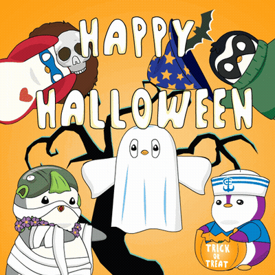 Halloween Poster With Ghosts And Penguins Saying Trick Or Treat GIF