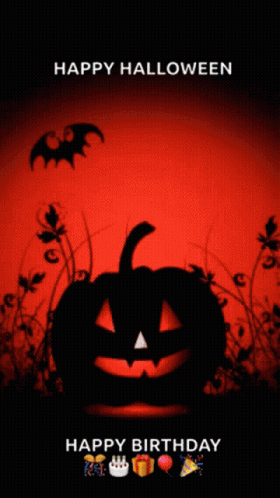 Halloween Poster With Pumpkin And Bats Says Happy Birthday GIF