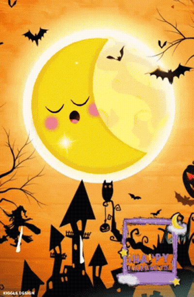 Halloween Poster With Sleeping Crescent Moon And Bats GIF