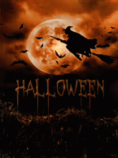 Halloween Poster With Witch On Broom And Bats GIF