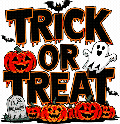 Halloween Sign Saying Trick Or Treat With Pumpkins And Ghost GIF