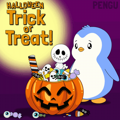 Halloween Trick Or Treat Sign Penguin Candy-Filled Pumpkin GIF