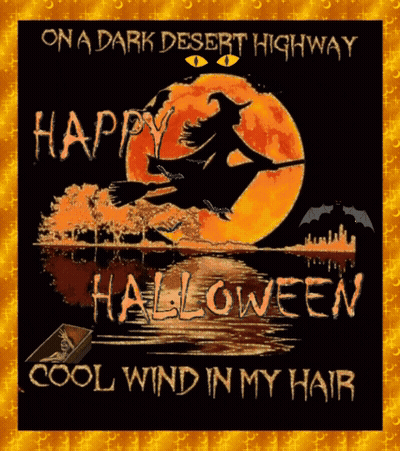Halloween Witch On Broom In Front Of Full Moon GIF