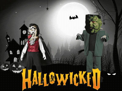 Hallowwicked Poster Vampire And Frankenstein In Front Of Full Moon GIF