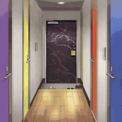 Hallway With Colorful Doors Saying Marble GIF