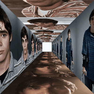Hallway With Men's Faces On Walls GIF