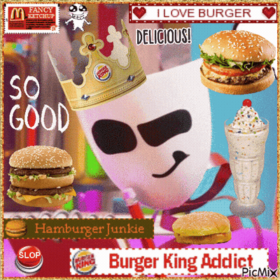 Hamburger Junkie Surrounded By Burgers And Milkshakes GIF