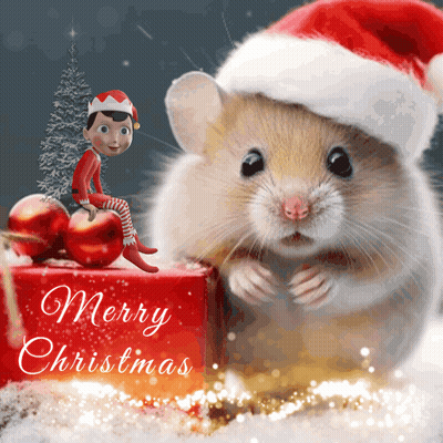 Hamster In Santa Hat Next To Box Saying Merry Christmas GIF