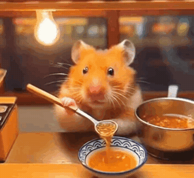 Hamster Sitting At Table Holding Spoon And Soup GIF