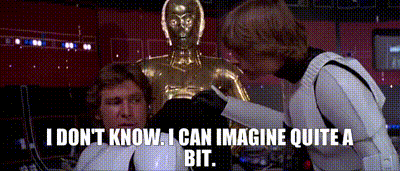 Han Solo And A Stormtrooper Are Looking At A Statue Of C-3Po .. GIF
