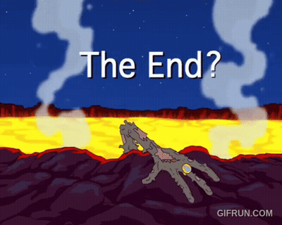 Hand Coming Out of Volcano Saying The End