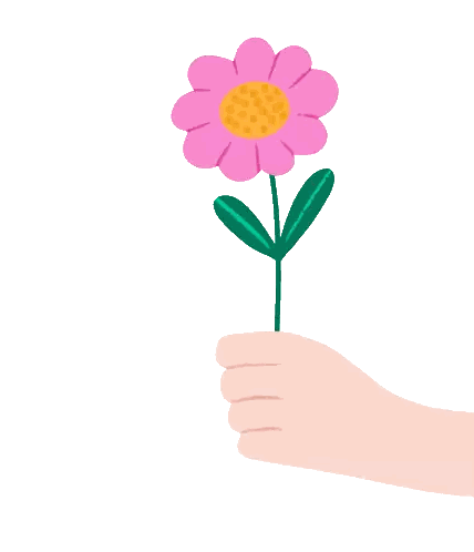 Hand Holding Pink Flower With Yellow Center And Green Leaves Sticker