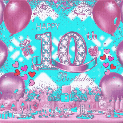 Happy 10Th Birthday With Balloons And Hearts GIF