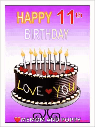 Happy 11Th Birthday Card With Chocolate Cake GIF