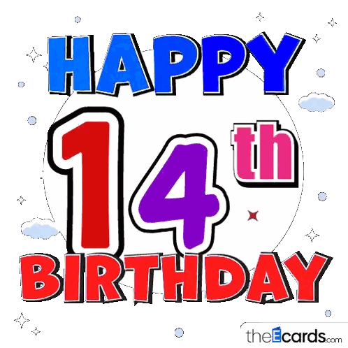 Happy 14Th Birthday Card With Stars And Clouds Sticker