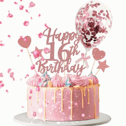 Happy 16Th Birthday Rose Gold Cake Balloon Petals GIF