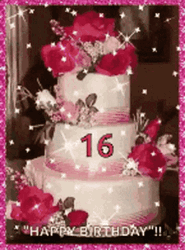 Happy 16Th Birthday Tower Cake Sparkling Flowers GIF