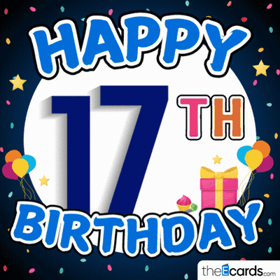Happy 17Th Birthday Card With Balloons And Confetti GIF