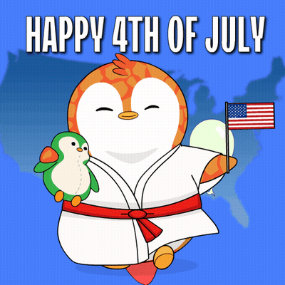 Happy 4Th Of July Penguin Holding Stuffed Animal And American Flag GIF