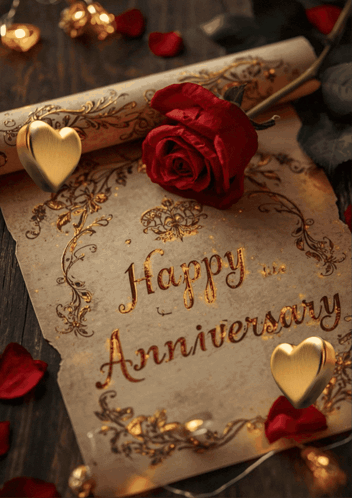 Happy Anniversary Card With Gold Hearts And Rose GIF