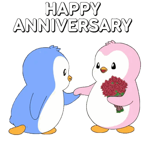 Happy Anniversary Card With Penguins And Hearts Sticker