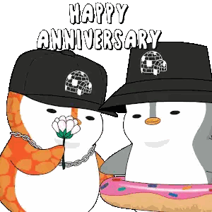 Happy Anniversary Card With Penguins In Hats Sticker