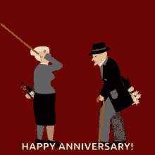 Happy Anniversary Funny Animated Old Couple Fighting GIF