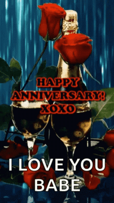 Happy Anniversary Greeting Card With Champagne And Wine Glasses GIF