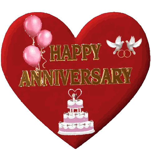 Happy Anniversary Heart With Cake And Balloons Sticker